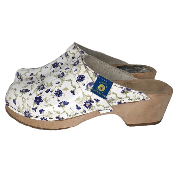 Across Floral Print Leather Swedish Wooden Clogs - Picture 3 of 12